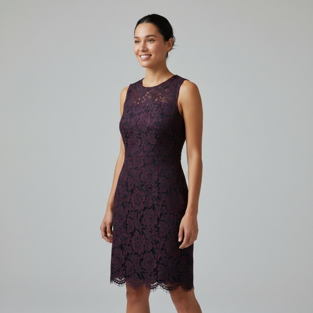 Banana Republic Women 2 Plum Purple Black Floral Corded Lace Sheath Dress Jewel